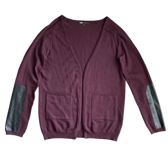 Maje Daminute Cardigan Leather Elbow Patch Long Sleeve Wool Silk Womens Sz 2/M - Picture 2 of 7